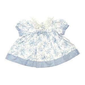 Vintage ALEXIS Baby Blue Gingham Dress Puff Sleeve Lace Size 0-3 m Cottagecore
